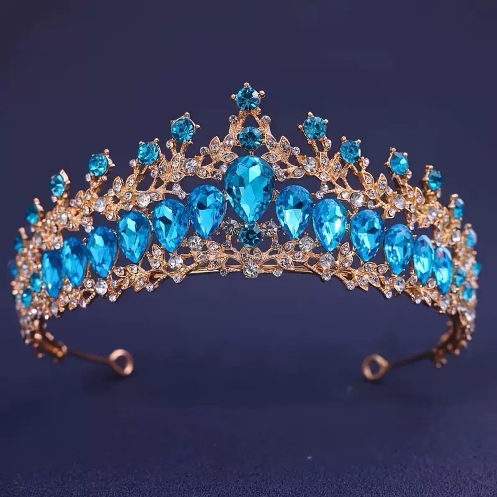 Vintage Gold Tiara with Bright Blue Crystal Gems